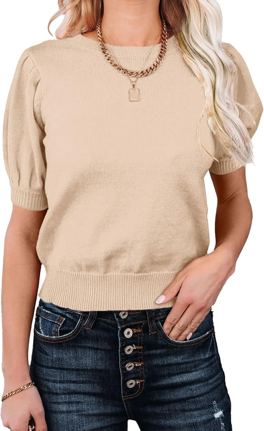 Womens Puff Short Sleeve Sweater Tops Crewneck Basic Knit Pullover Lightweight Solid Casual Sweaters Blouse