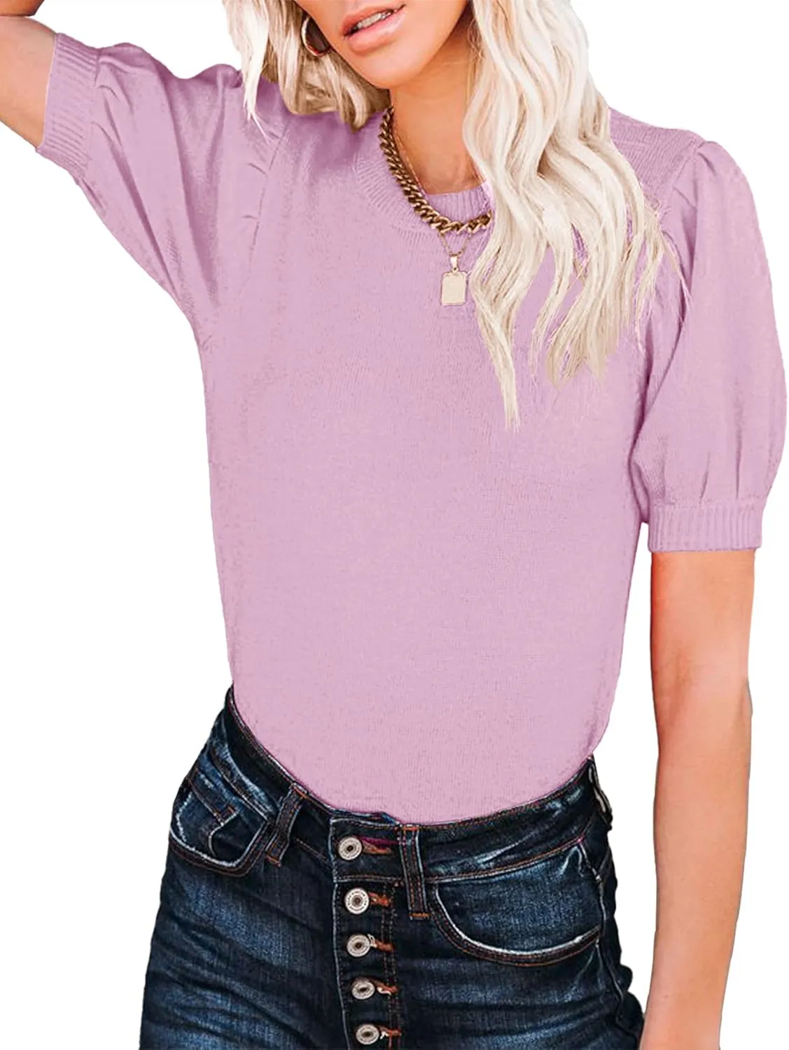 Womens Puff Short Sleeve Sweater Tops Crewneck Basic Knit Pullover Lightweight Solid Casual Sweaters Blouse