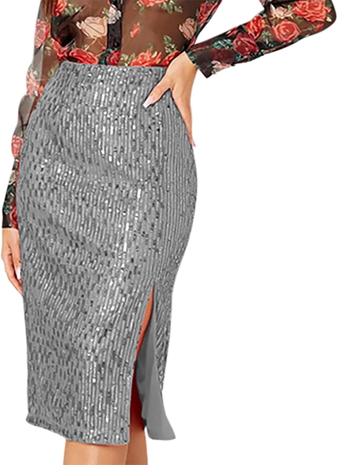 Women's Sequin Midi Skirt, Sexy High Waisted Side Split Bodycon Slim Skirts Fashion Evening Party Sparkly Clothes