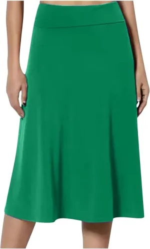 Women's Solid Color A-Line Skirts Elastic High Waist Flare Work Midi Skirts Knee Length Stretchy Skirts Dress