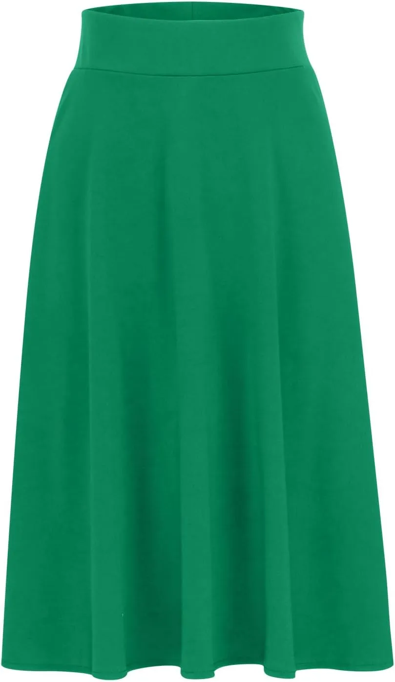 Women's Solid Color A-Line Skirts Elastic High Waist Flare Work Midi Skirts Knee Length Stretchy Skirts Dress