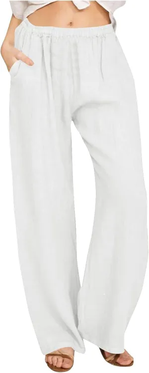 Womens Summer Cotton Linen Pants Casual Wide Leg Drawstring Waist Palazzo Pant Loose Beach Lounge Trousers