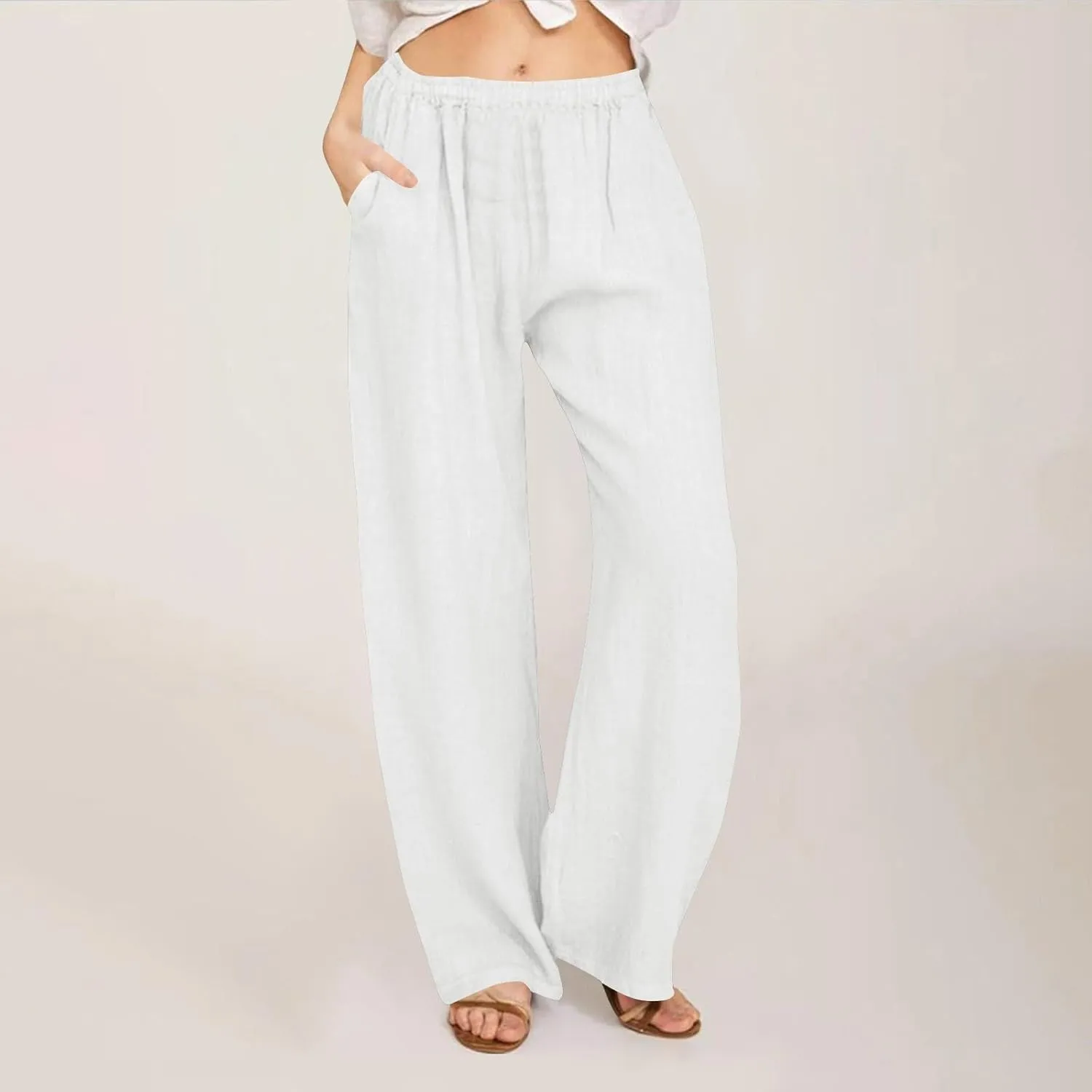 Womens Summer Cotton Linen Pants Casual Wide Leg Drawstring Waist Palazzo Pant Loose Beach Lounge Trousers