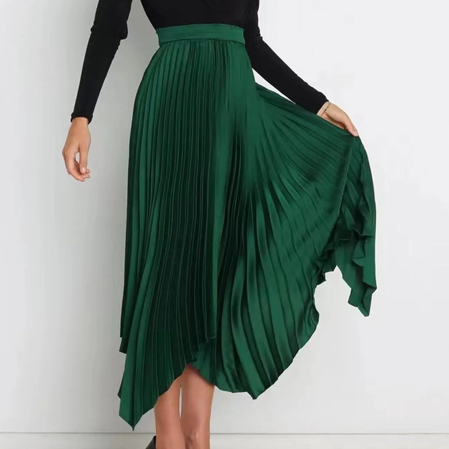 Women's Summer Skirt Solid Color High Waist Pleated A Line Swing Skirts Casual Fashion Irregular Hem Swing Skorts