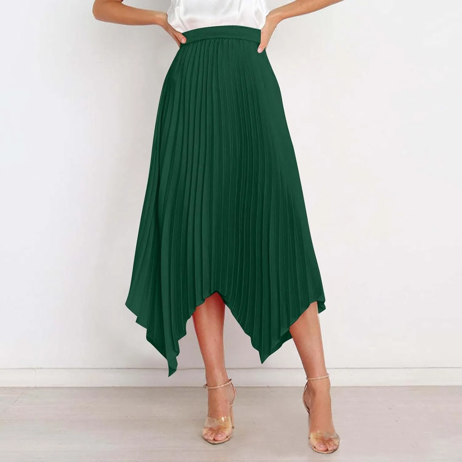 Women's Summer Skirt Solid Color High Waist Pleated A Line Swing Skirts Casual Fashion Irregular Hem Swing Skorts