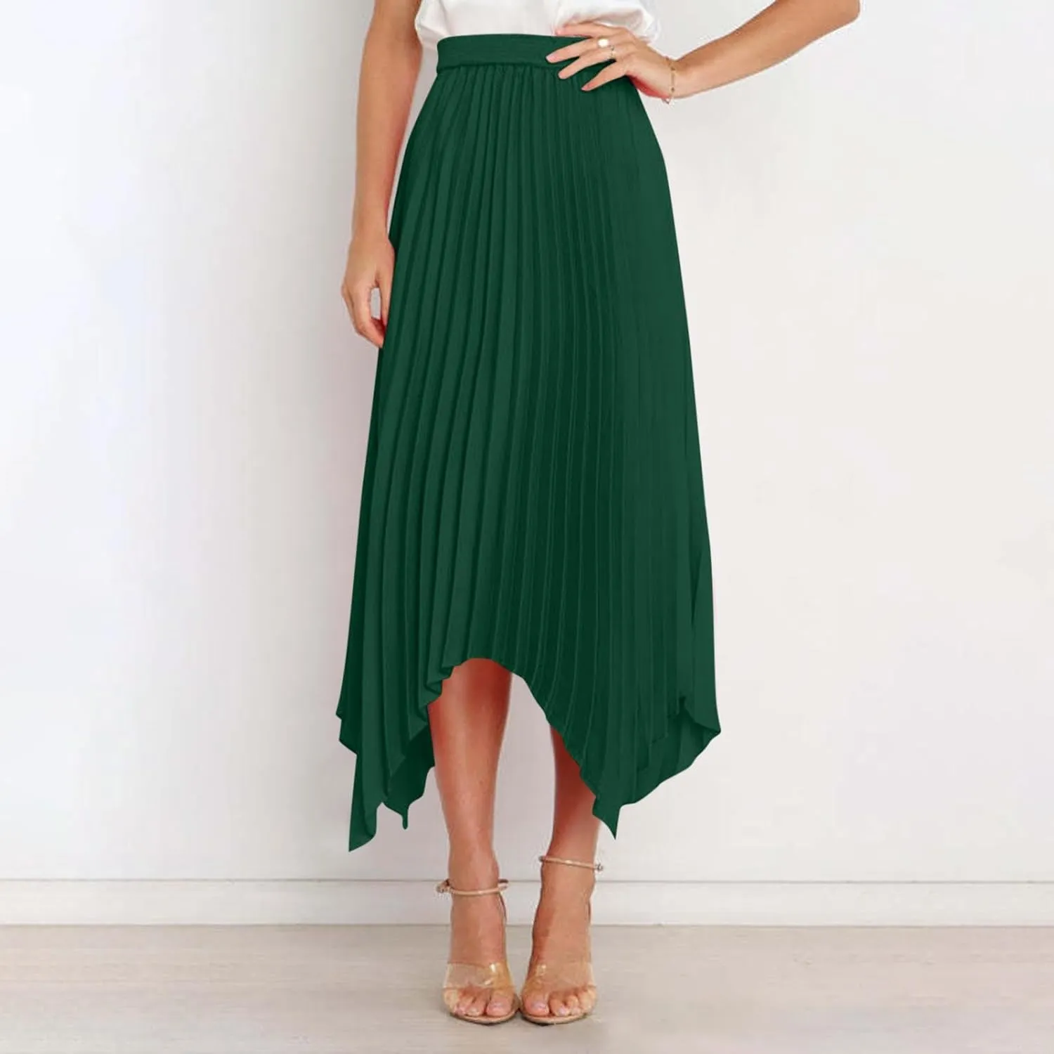 Women's Summer Skirt Solid Color High Waist Pleated A Line Swing Skirts Casual Fashion Irregular Hem Swing Skorts