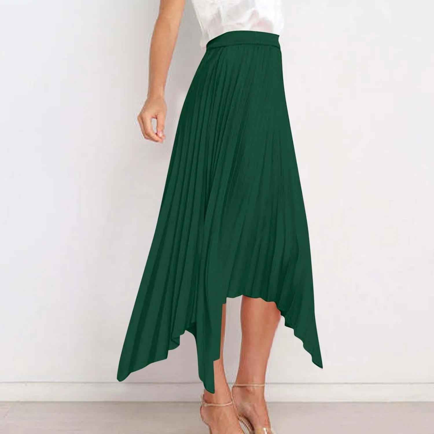 Women's Summer Skirt Solid Color High Waist Pleated A Line Swing Skirts Casual Fashion Irregular Hem Swing Skorts