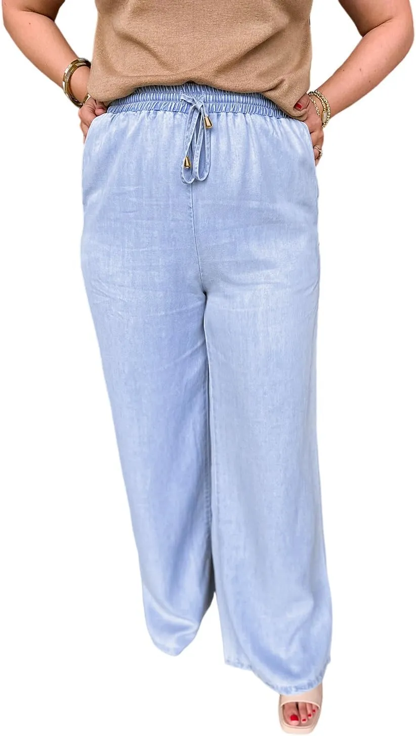 XAKALAKA Women's Summer Plus Size Light Wash Elastic High Waist Loose Straight Jeans Daily Casual Trouser Pant
