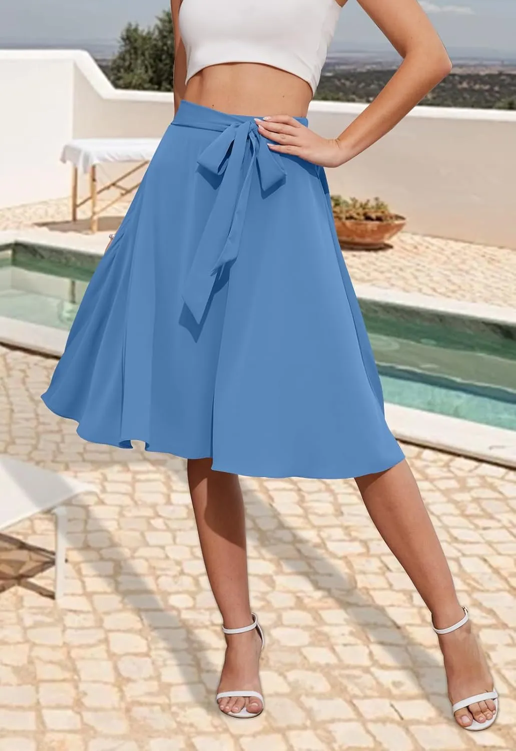 Yincro Women's A-Line Midi Skirt with Pockets High Waist Flared Below The Knee Skirts