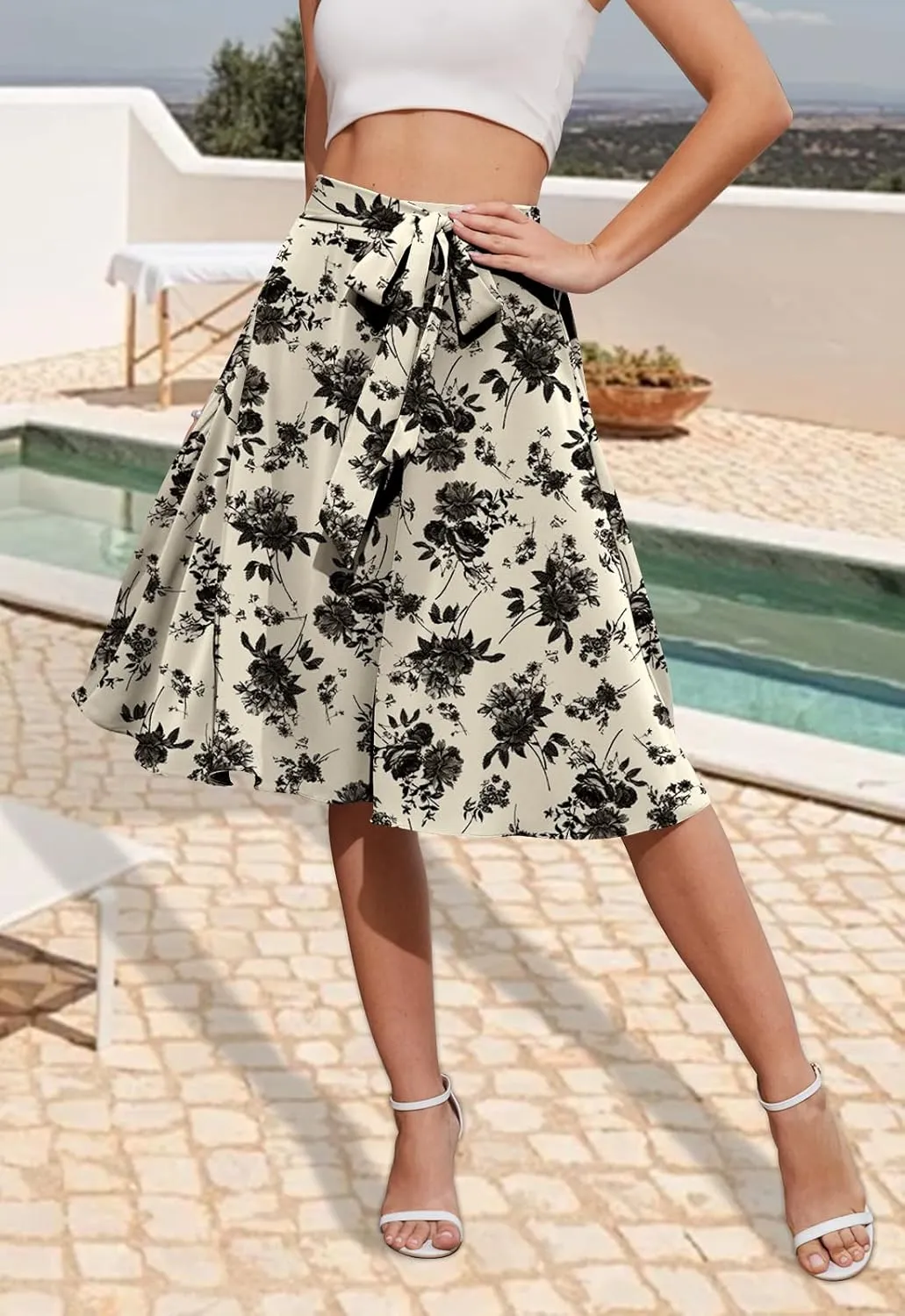 Yincro Women's A-Line Midi Skirt with Pockets High Waist Flared Below The Knee Skirts