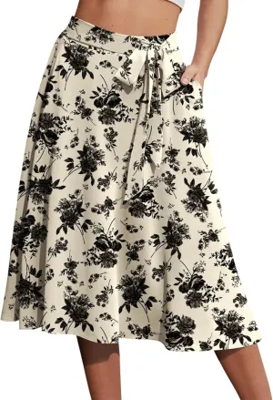 Yincro Women's A-Line Midi Skirt with Pockets High Waist Flared Below The Knee Skirts