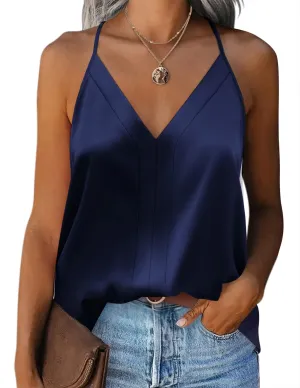Zeagoo Womens Silk Satin Tank Tops V Neck Sleeveless Camisole Cami Spaghetti Straps Blouse Summer Loose Racerback Shirt