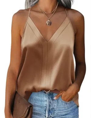 Zeagoo Womens Silk Satin Tank Tops V Neck Sleeveless Camisole Cami Spaghetti Straps Blouse Summer Loose Racerback Shirt